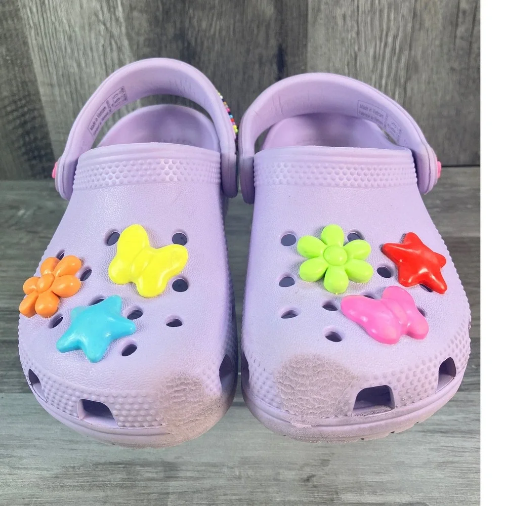 Crocs Classic Clogs Orchid Purple Toddler Size C9 Beaded Straps 3D Charms Kids